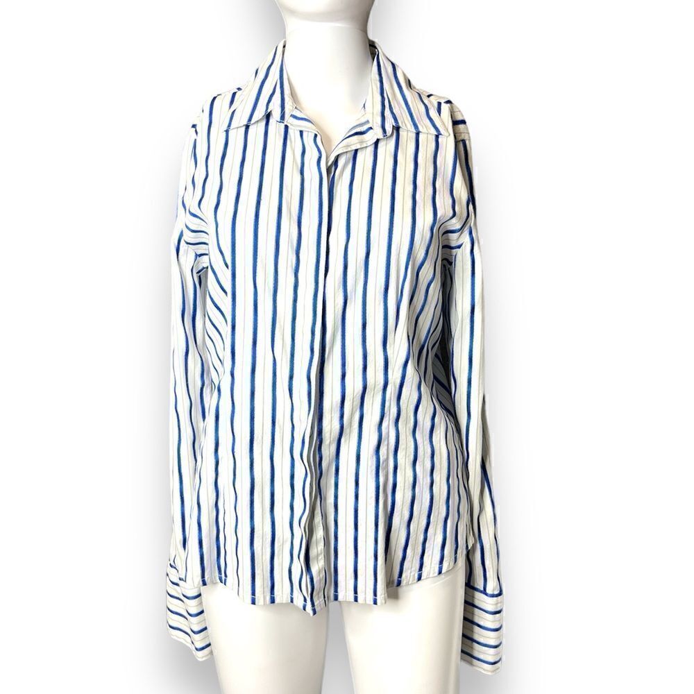 Chadwicks Vertical Striped Button Down Dress Shirt White & Blue Size 8